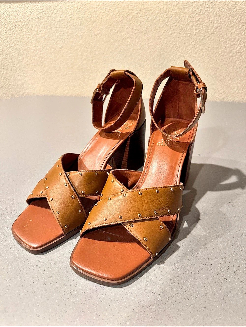 Vince Camuto Studded Block Heel Sandals in Brown with Gold Hardware